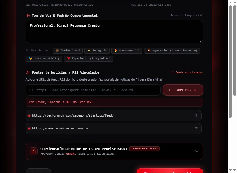 KM Engine: tom de voz e fontes RSS do perfil